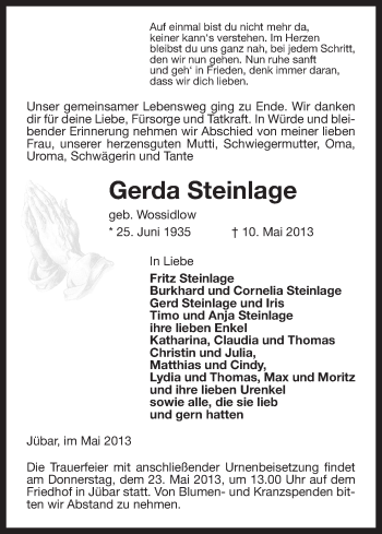 Traueranzeige von Gerda Steinlage von Uelzen