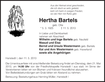 Traueranzeige von Hertha Bartels von Uelzen