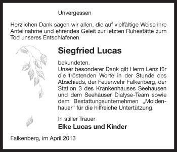 Traueranzeige von Siegfried Lucas von Uelzen