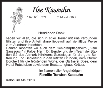 Traueranzeige von Ilse Kassuhn von Uelzen