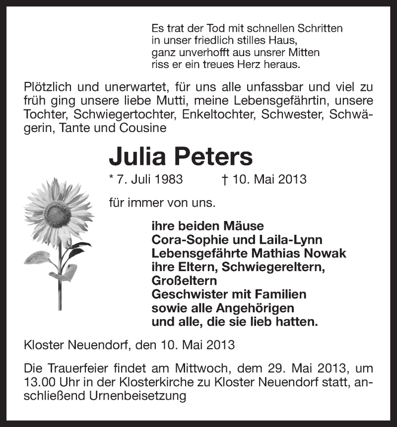  Traueranzeige für Julia Peters vom 15.05.2013 aus Uelzen