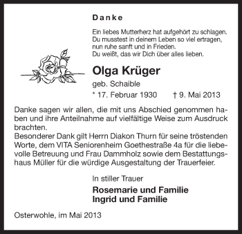 Traueranzeige von Olga Krüger von Uelzen