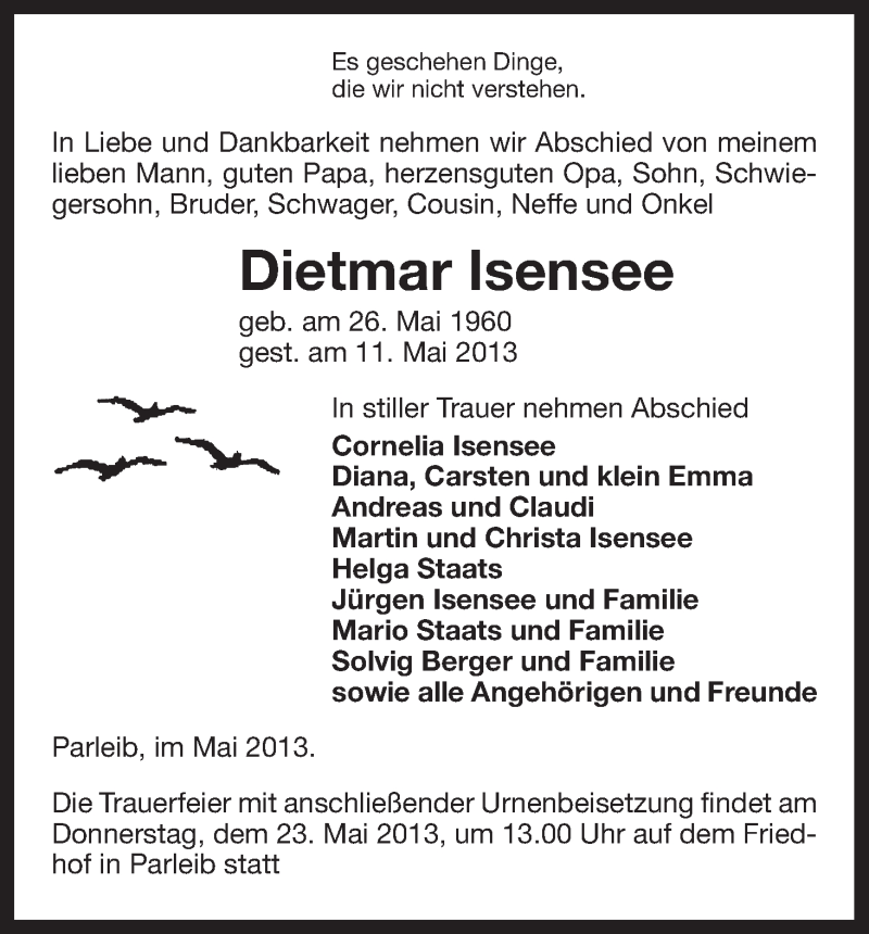  Traueranzeige für Dietmar Isensee vom 17.05.2013 aus Uelzen