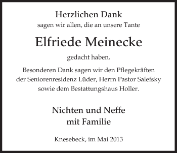 Traueranzeige von Elfriede Meinecke von Uelzen