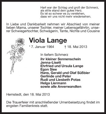 Traueranzeige von Viola Lange von Uelzen