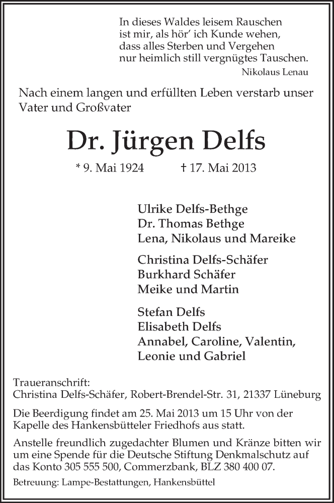  Traueranzeige für Jürgen Delfs vom 22.05.2013 aus Uelzen