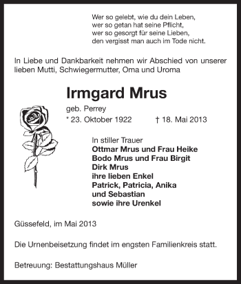 Traueranzeige von Irmgard Mrus von Uelzen