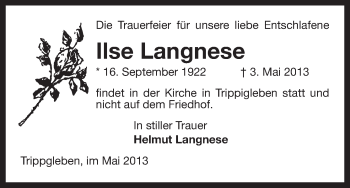 Traueranzeige von Ilse Langnese von Uelzen