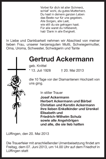 Traueranzeige von Gertrud Ackermann von Uelzen