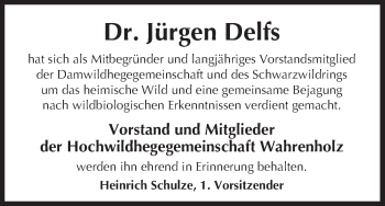 Traueranzeige von Jürgen Delfs von Uelzen