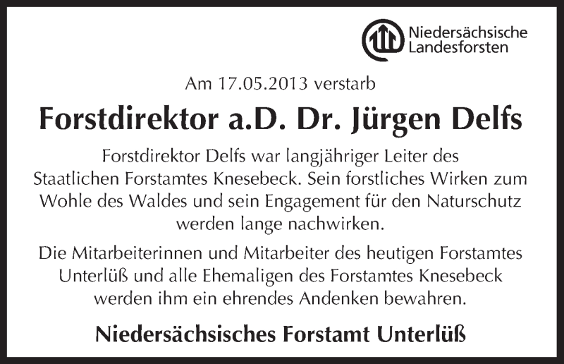  Traueranzeige für Jürgen Delfs vom 24.05.2013 aus Uelzen