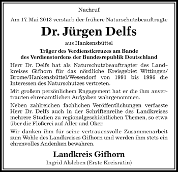 Traueranzeige von Jürgen Delfs von Uelzen