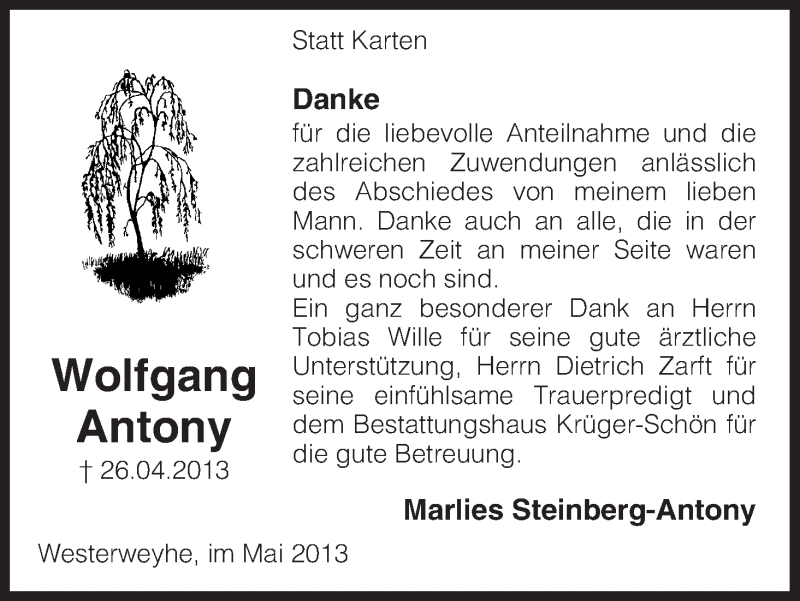  Traueranzeige für Wolfgang Antony vom 25.05.2013 aus Uelzen
