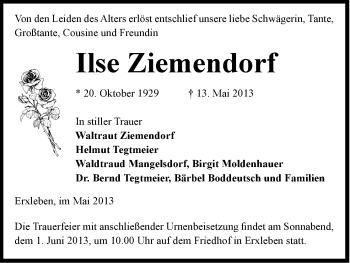 Traueranzeige von Ilse Ziemendorf von Uelzen