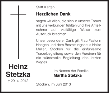 Traueranzeige von Heinz Stetzka von Uelzen