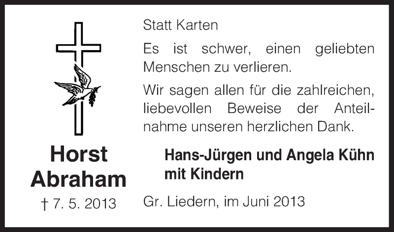  Traueranzeige für Horst Abraham vom 01.06.2013 aus Uelzen