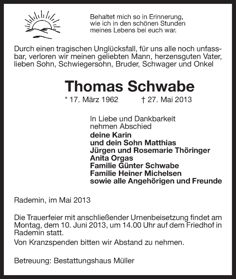  Traueranzeige für Thomas Schwabe vom 31.05.2013 aus Uelzen