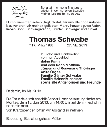 Traueranzeige von Thomas Schwabe von Uelzen