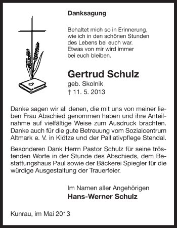 Traueranzeige von Gertrud Schulz von Uelzen