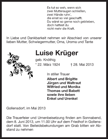 Traueranzeige von Luise Krüger von Uelzen