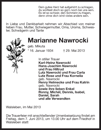 Traueranzeige von Marianne Nawrocki von Uelzen