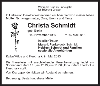 Traueranzeige von Christa Schmidt von Uelzen