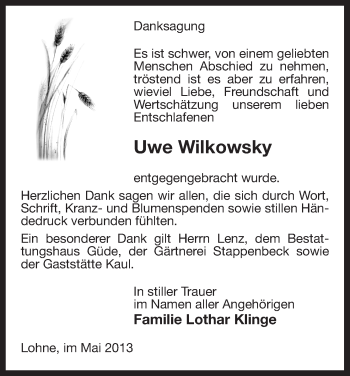 Traueranzeige von Uwe Wilkowsky von Uelzen