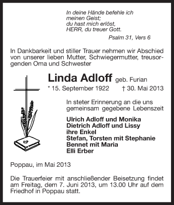 Traueranzeige von Linda Adloff von Uelzen