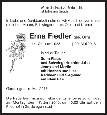 Traueranzeige von Erna Fiedler von Uelzen
