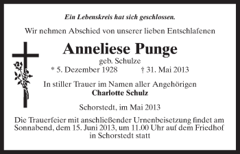 Traueranzeige von Anneliese Punge von Uelzen