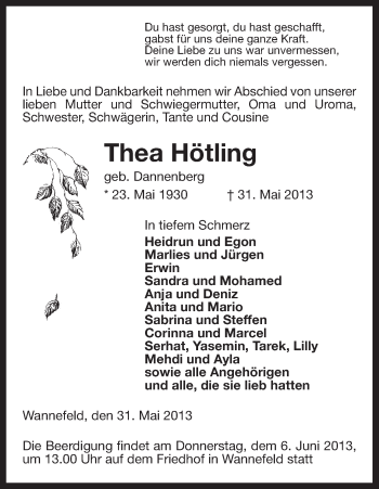 Traueranzeige von Thea Hötling von Uelzen