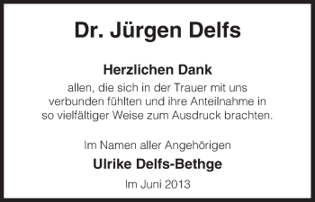 Traueranzeige von Jürgen Delfs von Uelzen