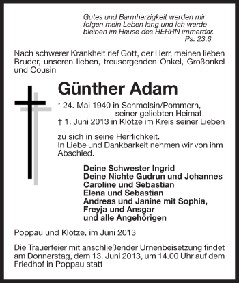 Traueranzeige von Günther Adam von Uelzen