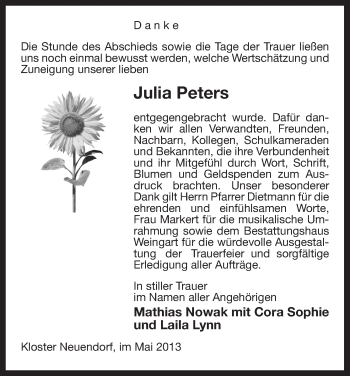 Traueranzeige von Julia Peters von Uelzen