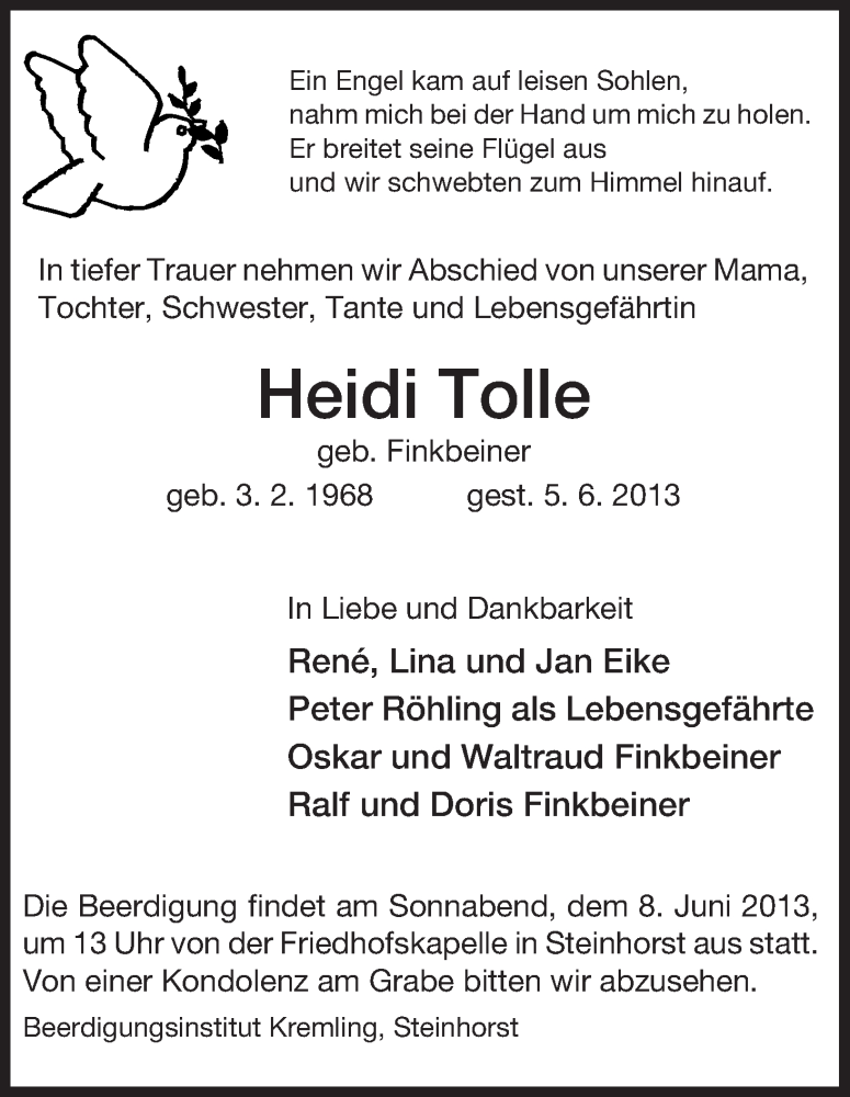  Traueranzeige für Heidi Tolle vom 06.06.2013 aus Uelzen