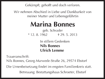 Traueranzeige von Marina Bonnes von Uelzen