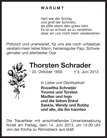 Traueranzeige von Thorsten Schrader von Uelzen