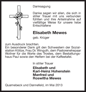 Traueranzeige von Elisabeth Mewes von Uelzen