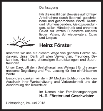 Traueranzeige von Heinz Förster von Uelzen