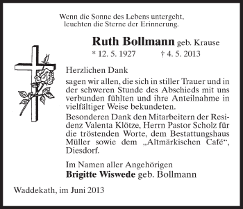 Traueranzeige von Ruth Bollmann von Uelzen