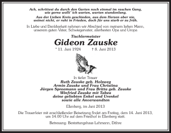 Traueranzeige von Gideon Zauske von Uelzen