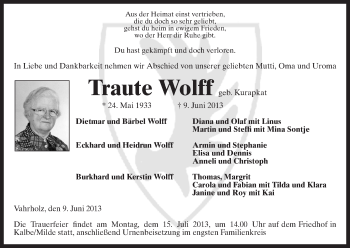 Traueranzeige von Traute Wolff von Uelzen