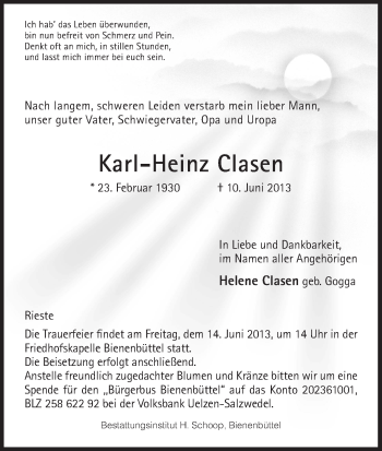 Traueranzeige von Karl-Heinz Clasen von Uelzen