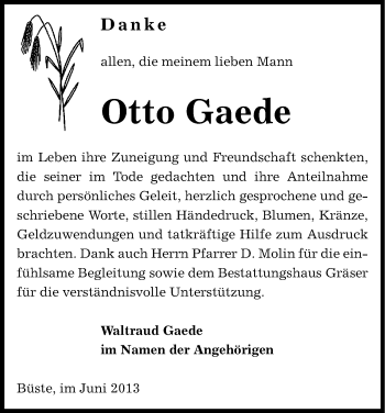 Traueranzeige von Otto Gaede von Uelzen