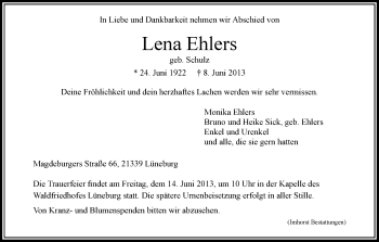 Traueranzeige von Lena Ehlers von Uelzen