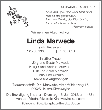 Traueranzeige von Linda Marwede von Uelzen