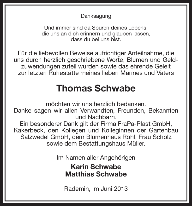  Traueranzeige für Thomas Schwabe vom 15.06.2013 aus Uelzen