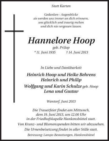 Traueranzeige von Hannelore Hoop von Uelzen