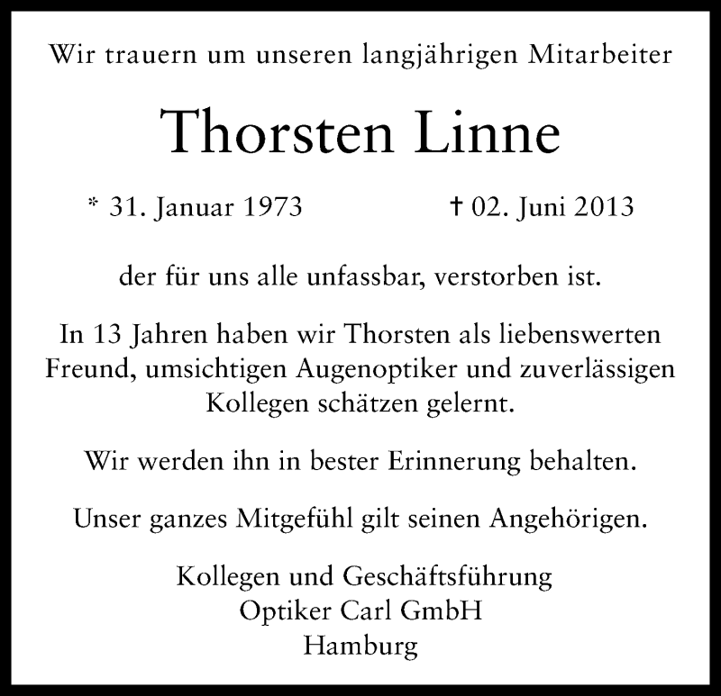  Traueranzeige für Thorsten Linne vom 19.06.2013 aus Uelzen