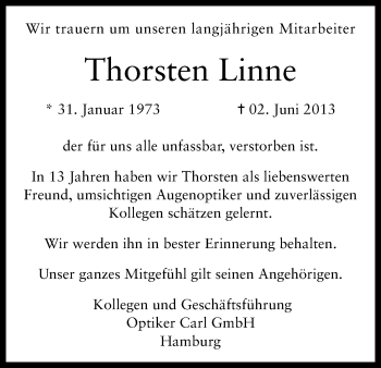 Traueranzeige von Thorsten Linne von Uelzen